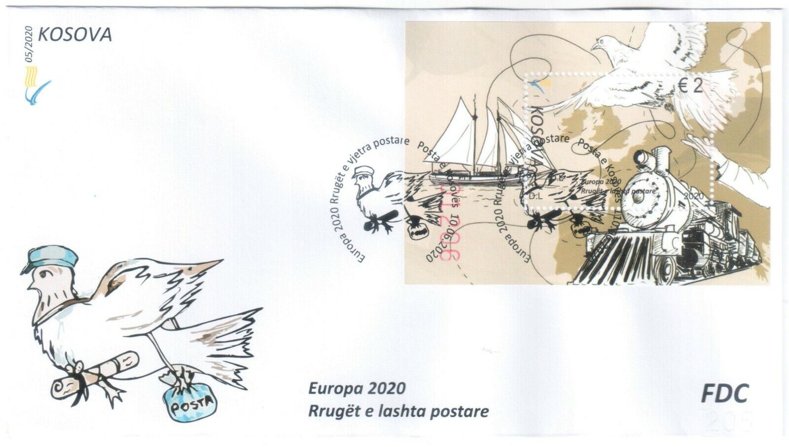 Kosovo Stamps 2020. Europa Cept Ancient Routes. Train. Bird. Ship. Fdc Block Mnh