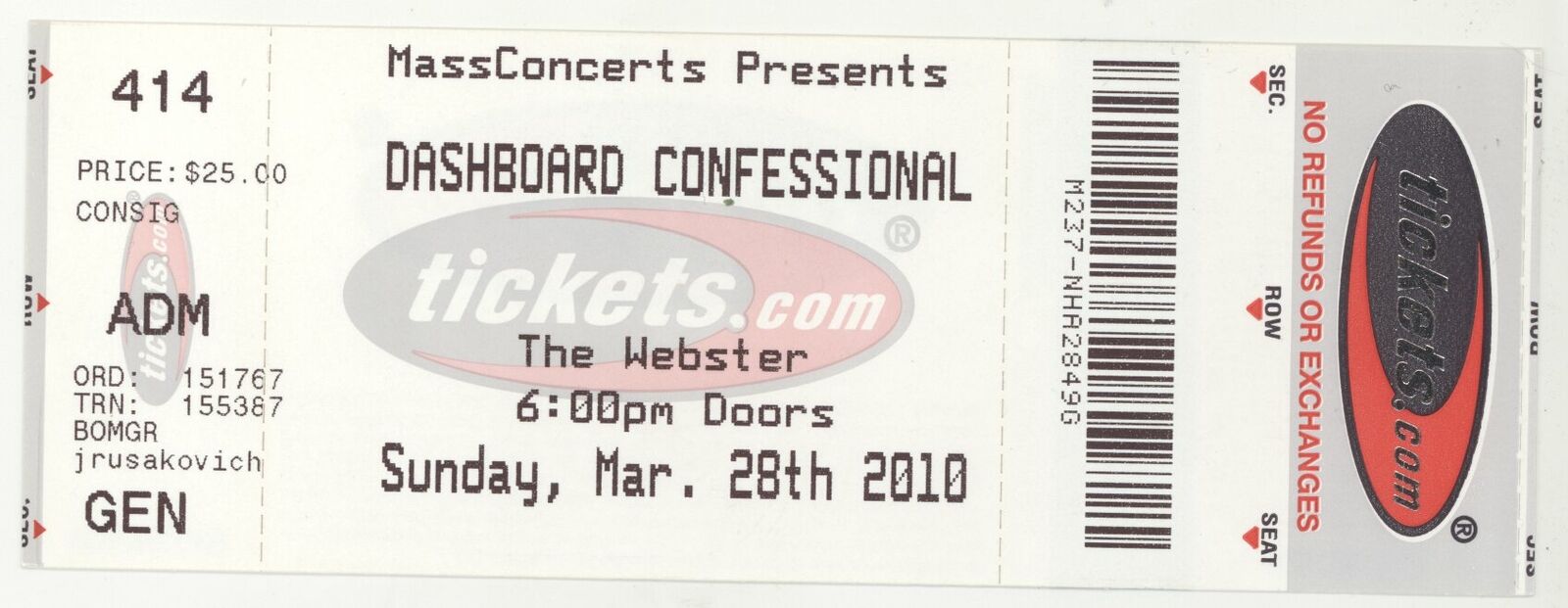 Rare Dashboard Confessional 3/28/10 Hartford Ct Webster Theatre Concert Ticket!