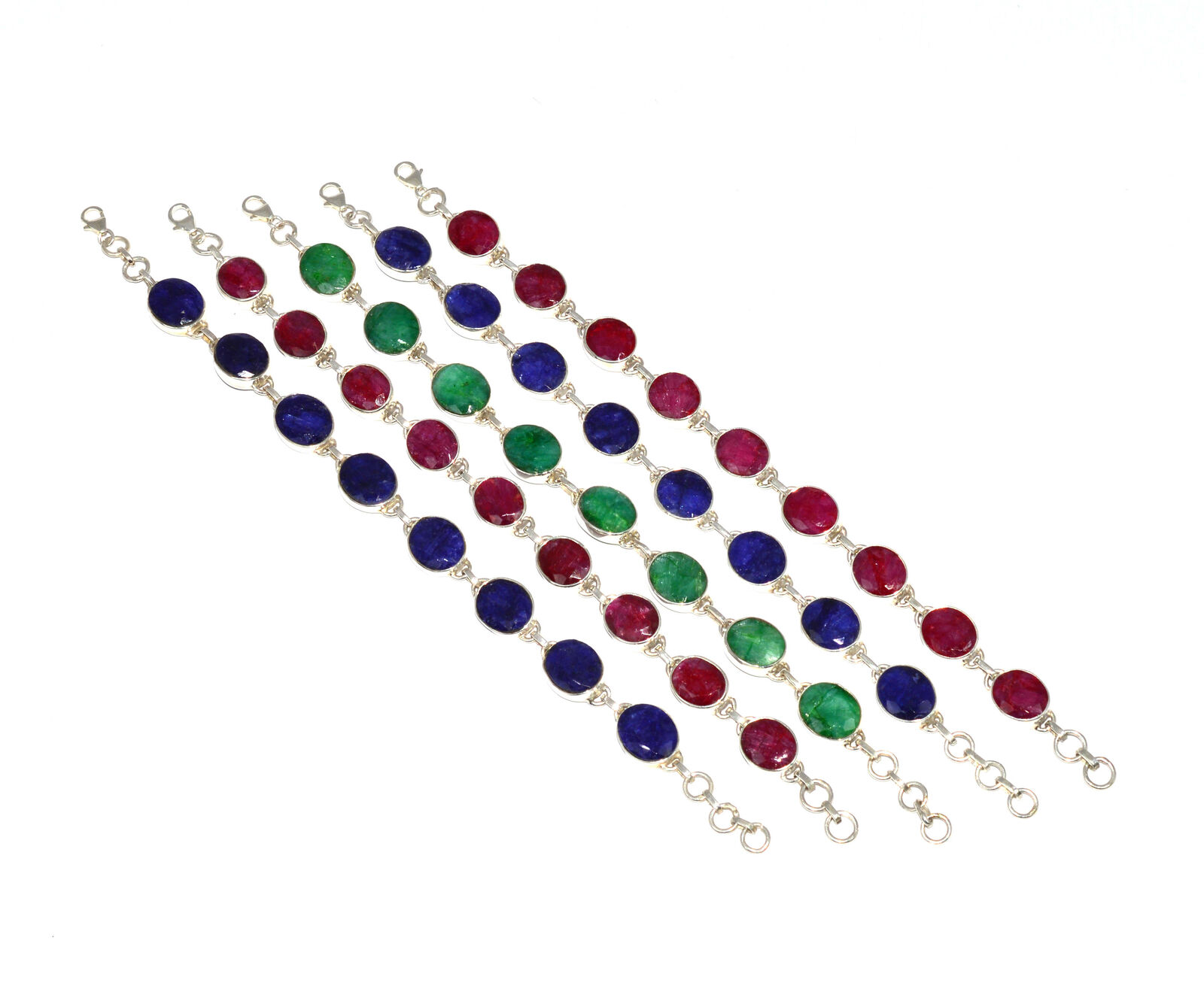 Wholesale 925 5pc Solid Sterling Silver Ruby Emerald Sapphire Bracelet Lot C446