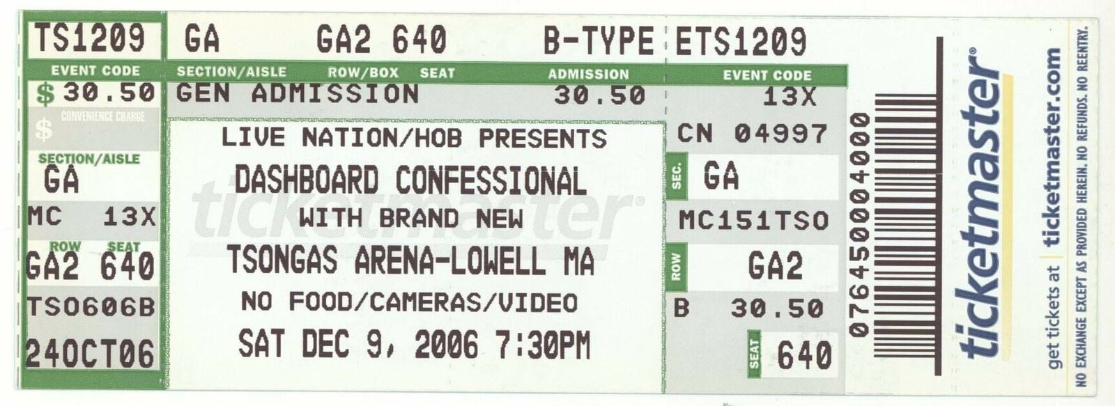 Rare Dashboard Confessional & Brand New 12/9/06 Lowell Ma Concert Ticket! Boston