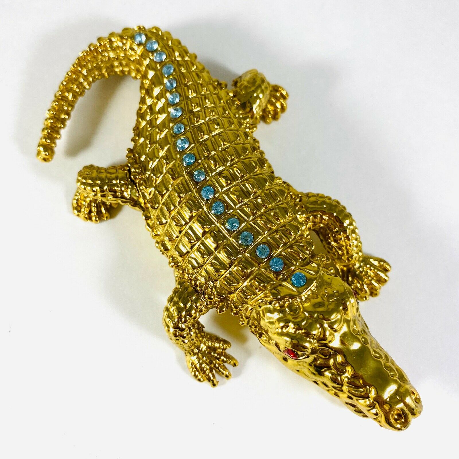 Golden Alligator Crocodile Blue Rhinestone Little Trinket Box Qifu Nib