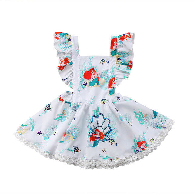 New Princess Ariel Little Mermaid Girls Sleeveless White Ruffle Dress