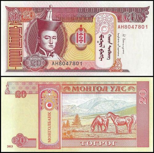 Mongolia 20 Tugrik Banknote, 2000-2014, P-63, UNC, Leader SukhBattar, Horses