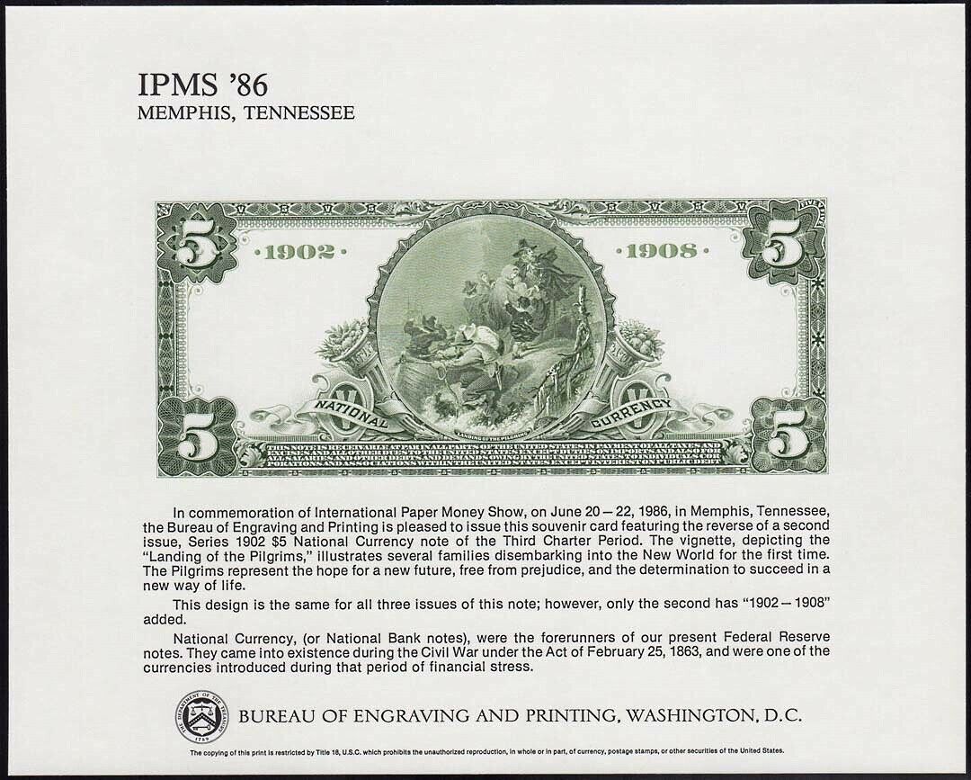 1986 Bep Ipms Memphis Tennessee $5 National Currency Sccs B-93 Nsc30