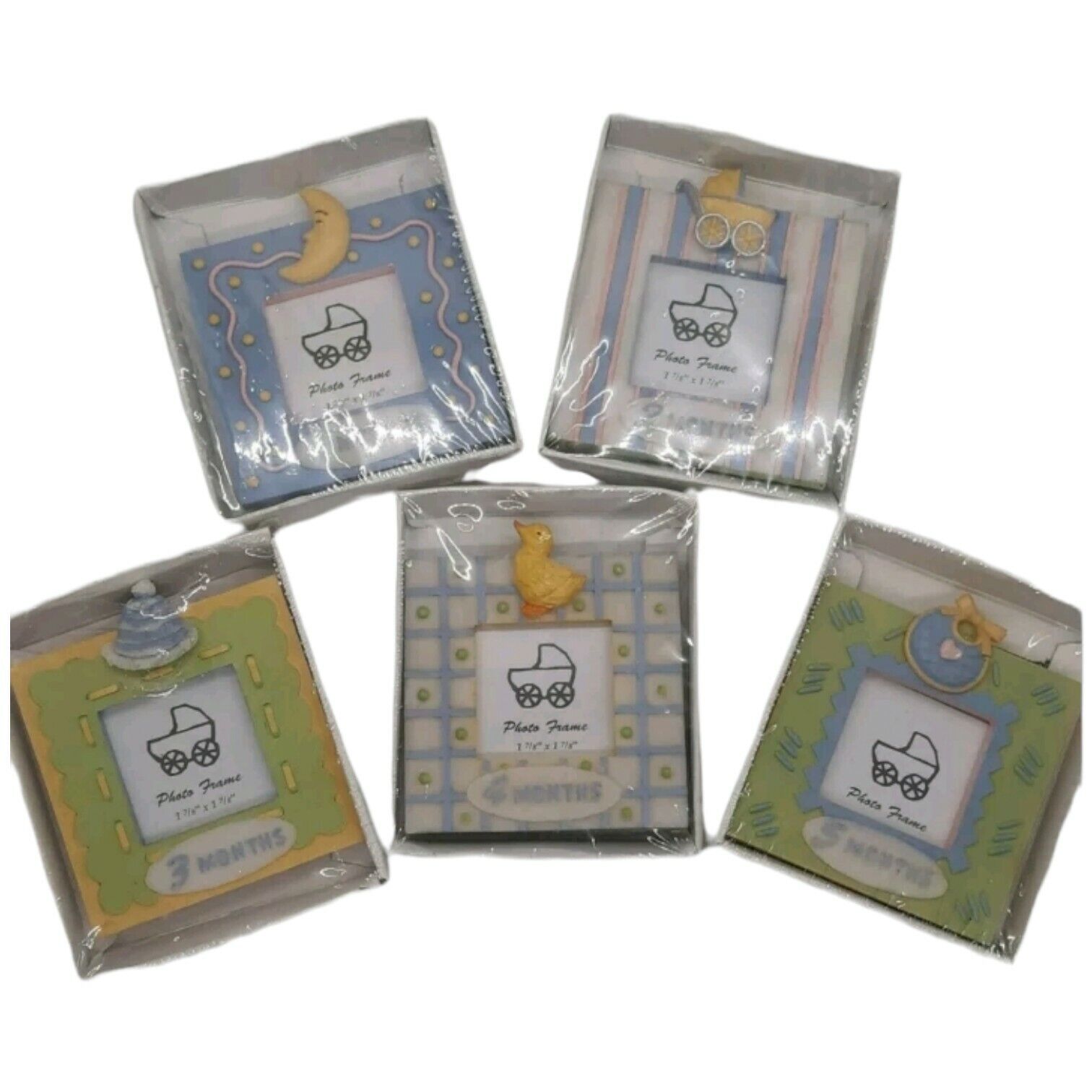 Lot Of 5 Small Baby Photo Frames 1-5 Months Duck Carriage Cap Bib Moon Decor