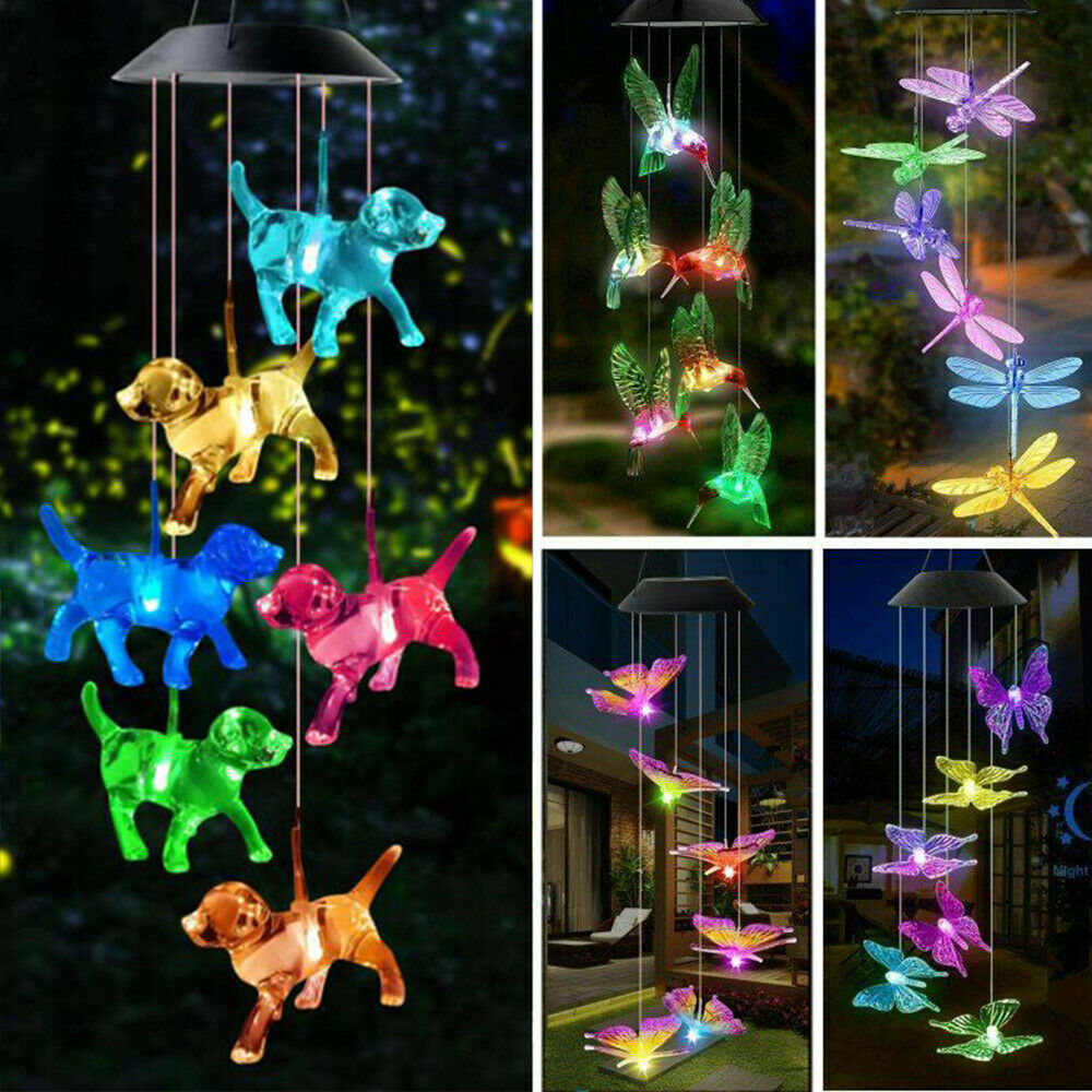 Solar Wind Chimes Lights LED Color Changing Hanging Hummingbird Ball Garden Lamp