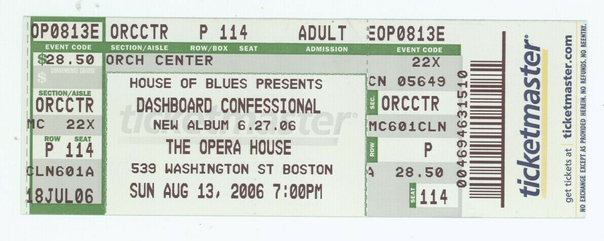 Rare Dashboard Confessional 8/13/06 Boston Ma Opera House Concert Ticket!