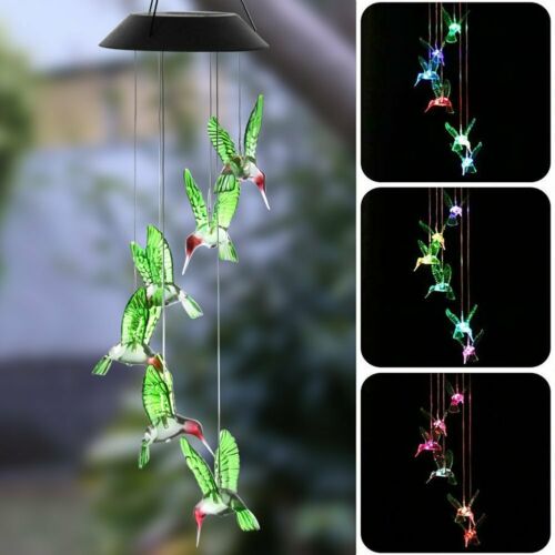 Color-changing Led Solar Powered Hummingbird Wind Chime Lights Yard Garden Decor