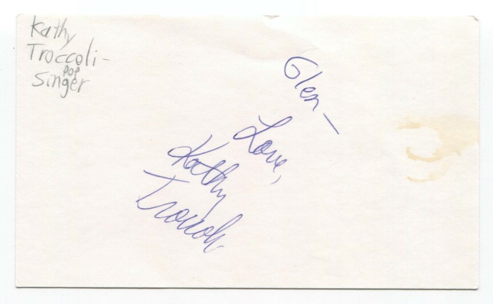 Kathy Troccoli Signed 3x5 Index Card Autographed Signature Singer
