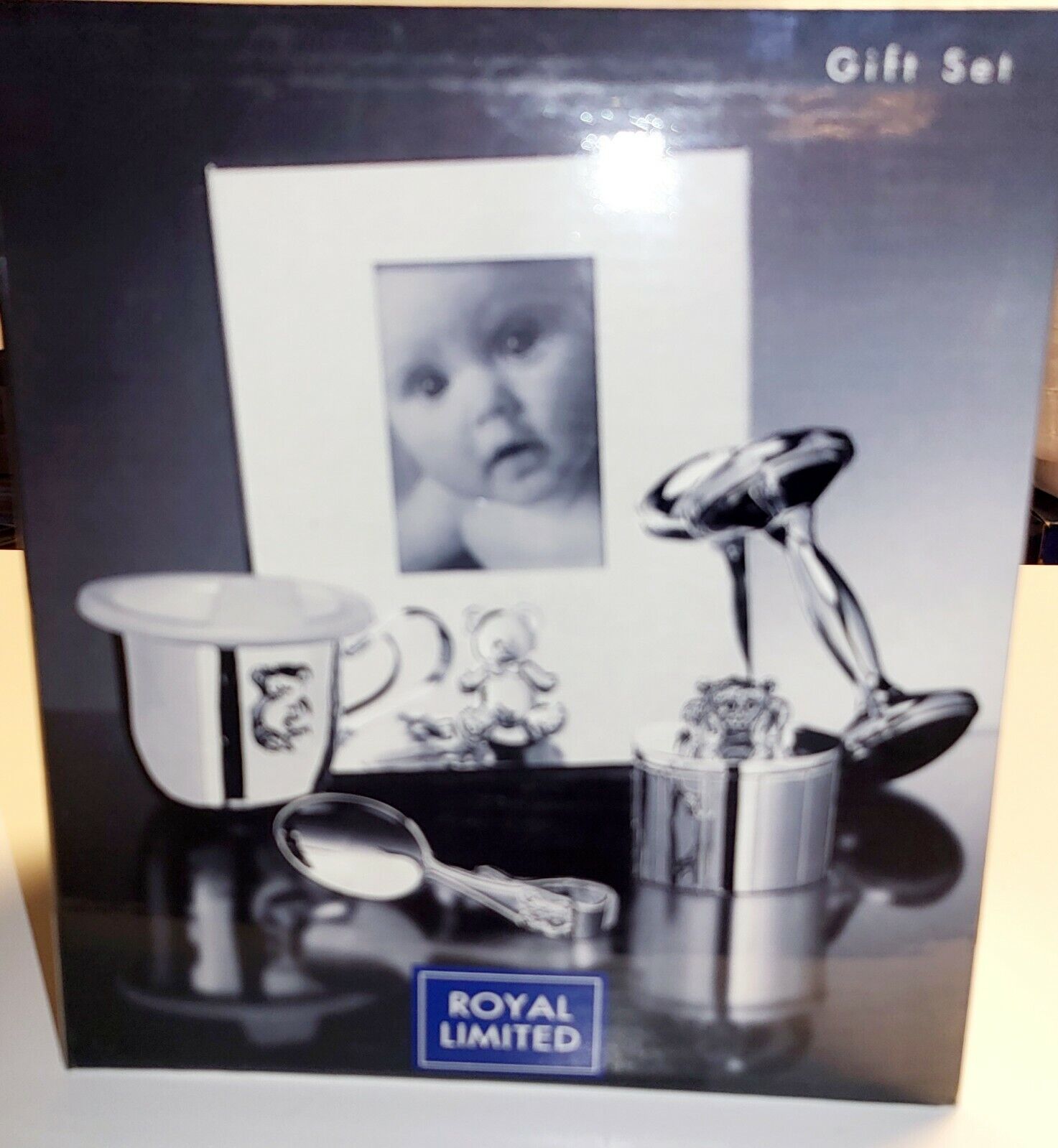 Royal Limited Silver Nursery Baby Gift DISPLAY Set,Rattle,Cup,Spoon,Box,Frame.