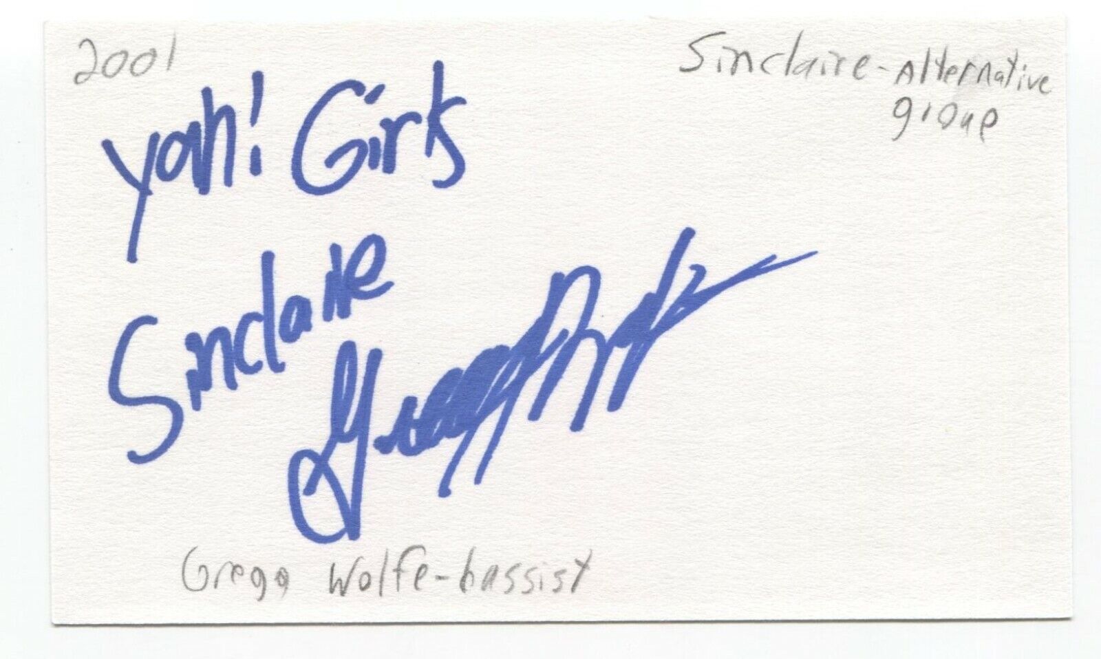Sinclaire - Grego Wolfe Signed 3x5 Index Card Autographed Signature Band