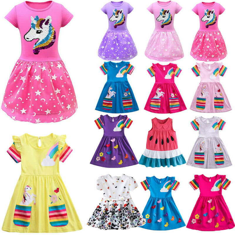 Toddler Baby Girls Unicorn Striped Sleeveless Tank Dress Summer Midi Sundress·