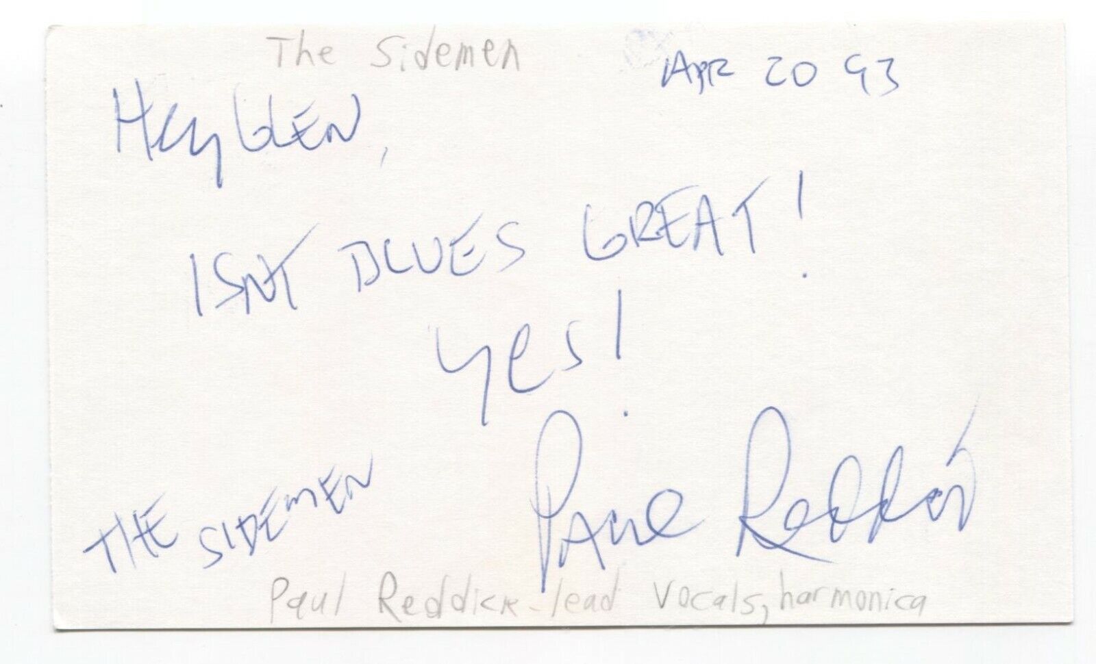 The Sidemen - Paul Reddick Signed 3x5 Index Card Autographed Signature Singer