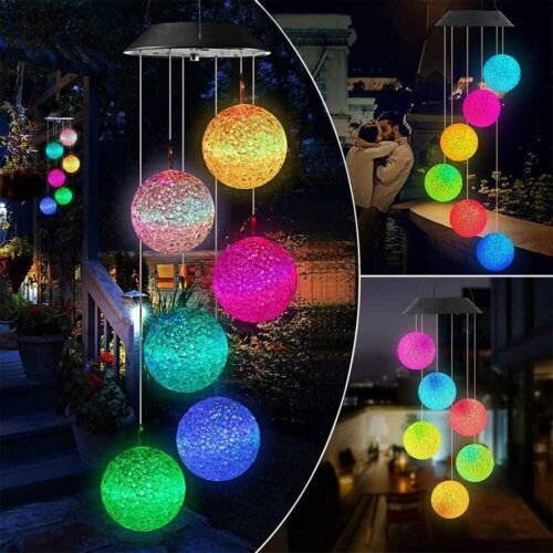 LED Solar Crystal Ball Wind Chime Lights Color Changing Garden Hanging Decor
