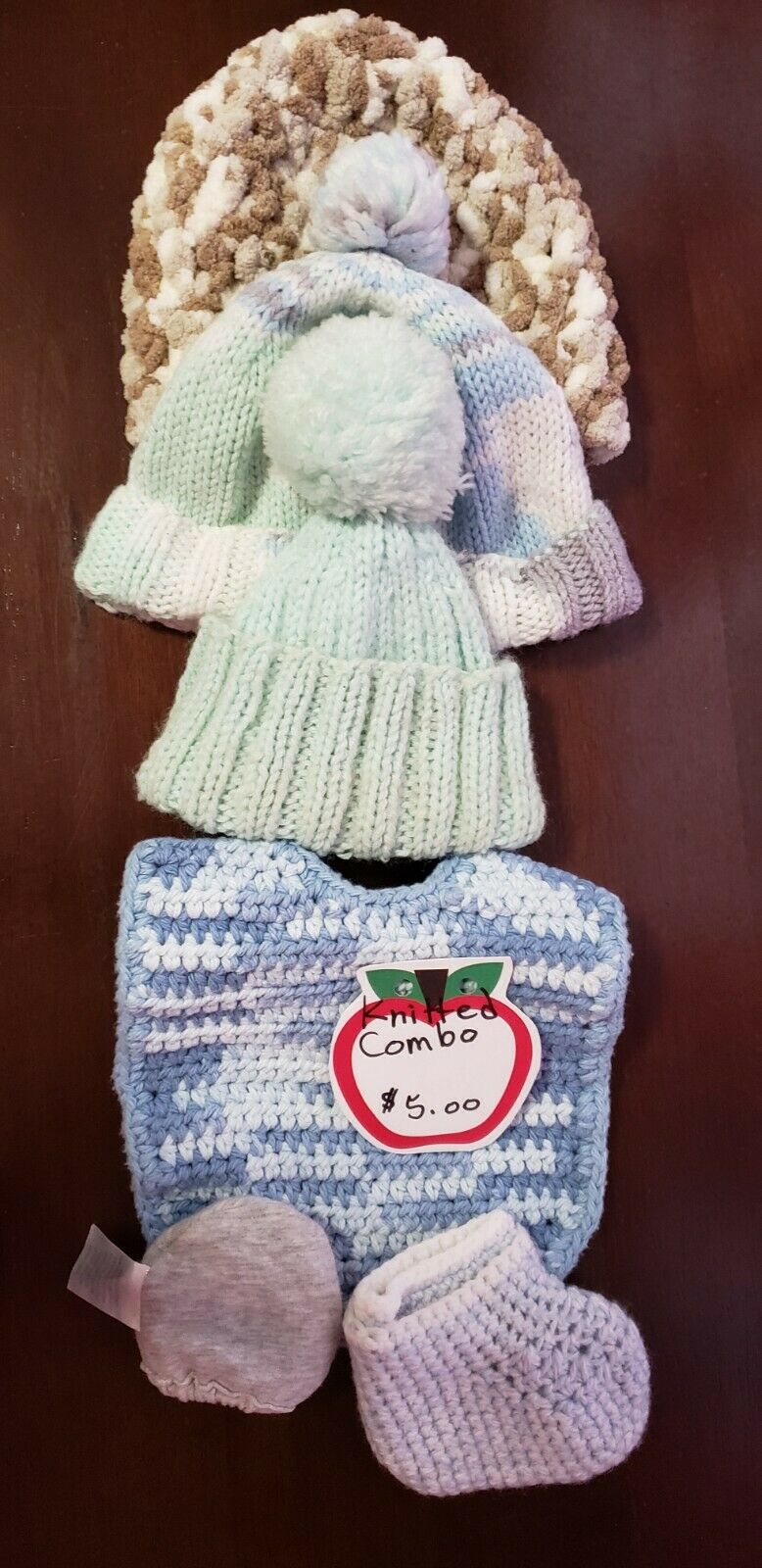 Vintage Knitted Baby Bib, Beanie, Booties, And Mittens