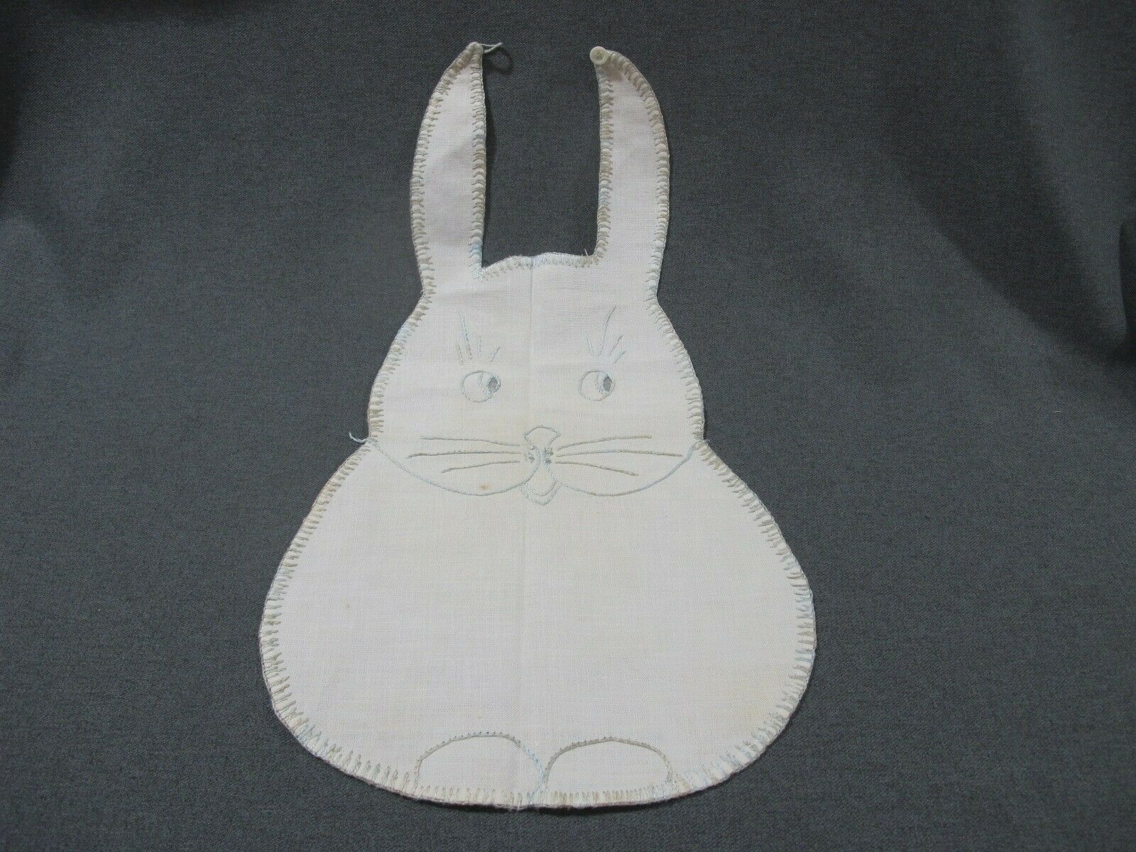 Vintage embroidery skyblue threads creamy fabric bunny rabbit shaped baby bib