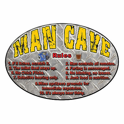 Oval Tin Sign, Man Cave Rules, Weatherproof With Pre-punched Holes For Hanging,