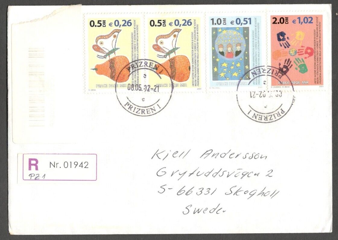AOP Kosovo 2002 dual currency issue 3v on registered cover to Sweden